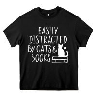 Black easily distracted by cats and books   cute book lover t shirt Heavy Core Tee - linhVisuals