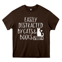 Chocolate Brown easily distracted by cats and books   cute book lover t shirt Heavy Core Tee - linhVisuals