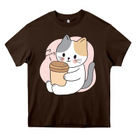 Chocolate Brown Cat Drinking Coffee Kitten Kawaii Japanese Kitty Heavy Core Tee - linhVisuals