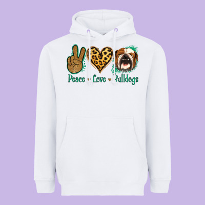 Peace Love Bulldog Heavyweight Hoodie Designed By Jasminsmagicworld