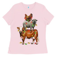 Bubblegum Pink Christmas cow sheep and chicken Ladies Tee - LillyAllenDesigns