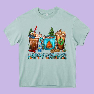 Happy Camper Coffee Cups Heavy Core Tee Designed By Fadigitalartstudio