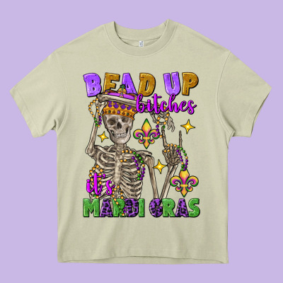 Bead Up Bitches It's Mardi Gras Skeleton Heavy Core Tee Designed By Fadigitalartstudio