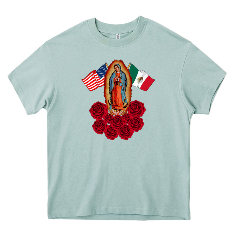 Our Lady Virgen De Guadalupe Mexican American Flag Holiday Heavy Core Tee by linhVisuals | Teevron