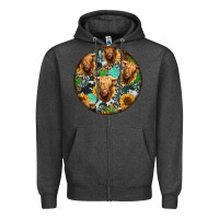 Charcoal Heather Highland Cow Pattern Zipper Hoodie - Jasminsmagicworld