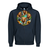 Navy Highland Cow Pattern Zipper Hoodie - Jasminsmagicworld
