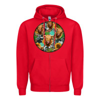 Red Highland Cow Pattern Zipper Hoodie - Jasminsmagicworld