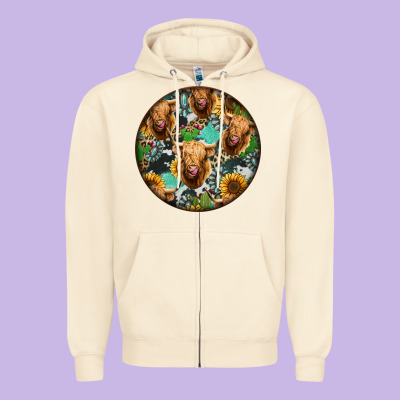 Highland Cow Pattern Zipper Hoodie Designed By Jasminsmagicworld