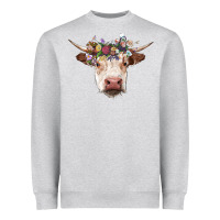 Heather Grey hereford cow with floral headband Heavyweight Sweatshirt - RanaPortraitStore