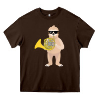Chocolate Brown funny sloth wearing sunglasses playing french horn Heavy Core Tee - linhVisuals