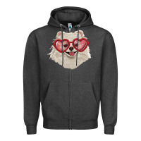 Charcoal Heather white pomeranian with love glasses Zipper Hoodie - RanaPortraitStore