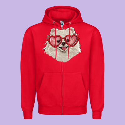 White Pomeranian With Love Glasses Zipper Hoodie Designed By Ranaportraitstore