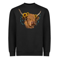 Black highland cow with sunflowers turquoise Heavyweight Sweatshirt - RanaPortraitStore