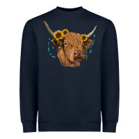 Navy highland cow with sunflowers turquoise Heavyweight Sweatshirt - RanaPortraitStore