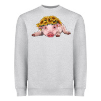 Heather Grey baby pig with sunflower headband Heavyweight Sweatshirt - RanaPortraitStore