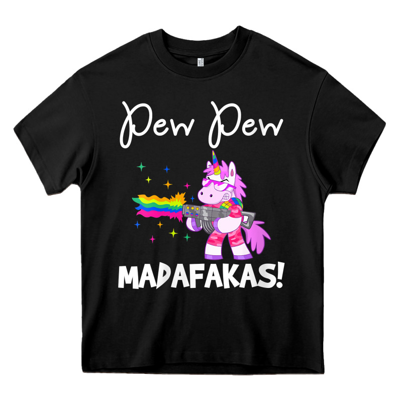 Womens Pew Madafakas Funny Fantasy Unicorn With Rainbow Gun   White V Heavy Core Tee by linhVisuals | Teevron