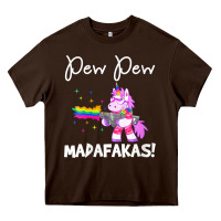 Chocolate Brown womens pew madafakas funny fantasy unicorn with rainbow gun   white v Heavy Core Tee - linhVisuals