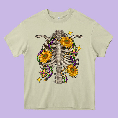 Mardi Gras Chest Sunflowers Skeleton Heavy Core Tee Designed By Fadigitalartstudio