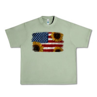 Oil Green Distressed Yellow Sunflower American Flag Urban Heavy Tee - Jasminsmagicworld
