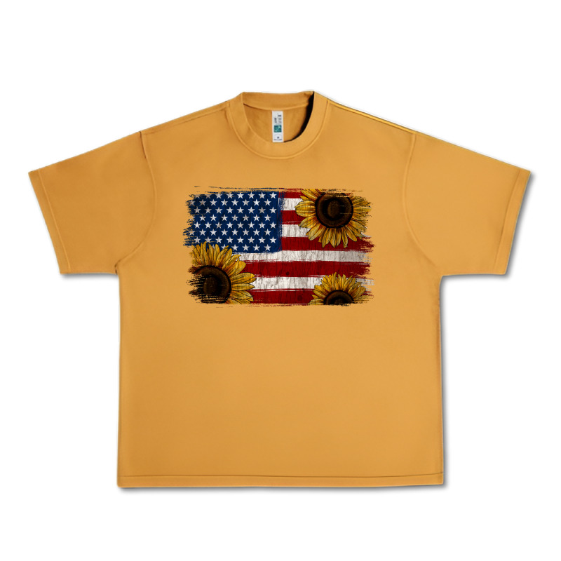 Distressed Yellow Sunflower American Flag Urban Heavy Tee by Jasminsmagicworld | Teevron