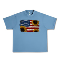 Pebble Blue Distressed Yellow Sunflower American Flag Urban Heavy Tee - Jasminsmagicworld