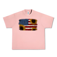 Salmon Distressed Yellow Sunflower American Flag Urban Heavy Tee - Jasminsmagicworld