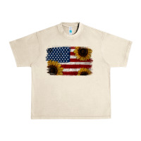 Sandshell Distressed Yellow Sunflower American Flag Urban Heavy Tee - Jasminsmagicworld