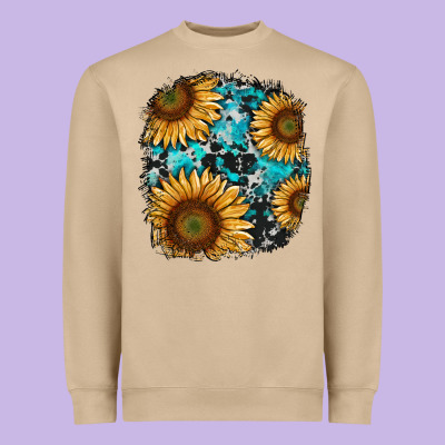 Sunflower Cowhide And Turquoise Patches Heavyweight Sweatshirt Designed By Ranaportraitstore