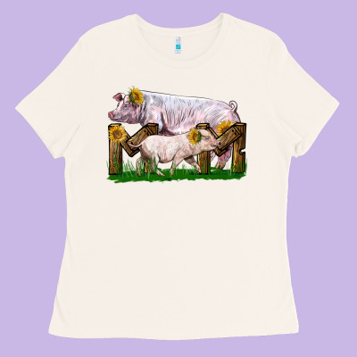 Mom With White Chester Pig And Baby Pig Ladies Tee Designed By Lillyallendesigns