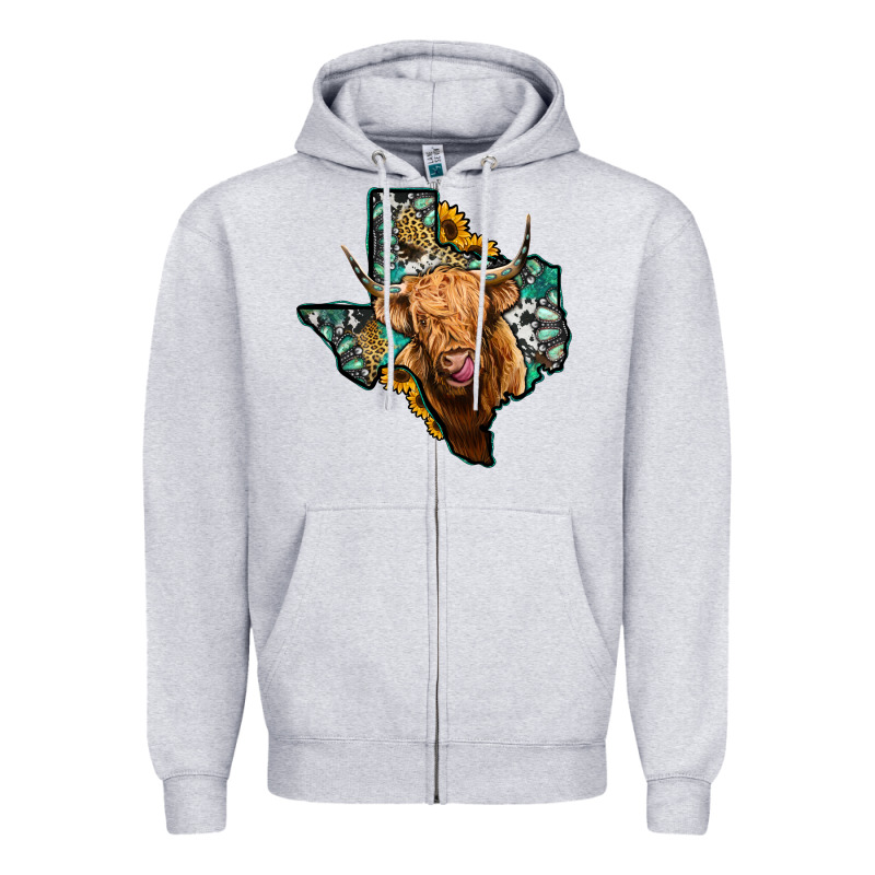 Texas Map Highland Cow Zipper Hoodie by Jasminsmagicworld | Teevron