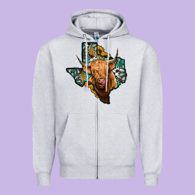 Texas Map Highland Cow Zipper Hoodie Designed By Jasminsmagicworld