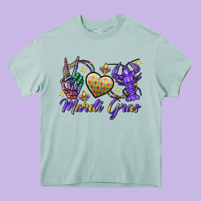 Peace Love Crawfish Mardi Gras Skeleton Hand Heavy Core Tee Designed By Fadigitalartstudio