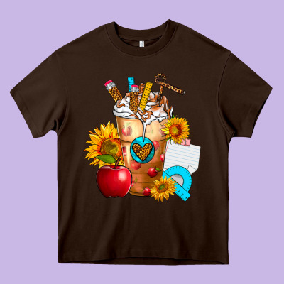 Teacher Cold Drink Frappe With Sunflowers Heavy Core Tee Designed By Fadigitalartstudio