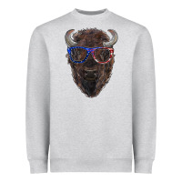 Heather Grey bison with american flag glasses Heavyweight Sweatshirt - RanaPortraitStore