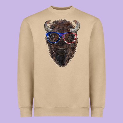 Bison With American Flag Glasses Heavyweight Sweatshirt Designed By Ranaportraitstore