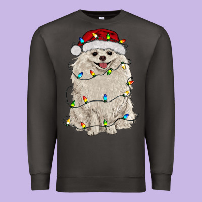 White Pomeranian With Christmas Lights Premium Sweatshirt Designed By Ranaportraitstore