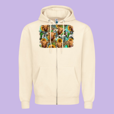 Highland Cow Western Background Zipper Hoodie Designed By Jasminsmagicworld