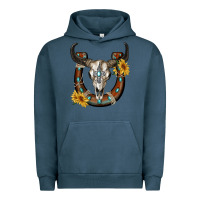 Pigment Midnight Navy bull skull with horseshoe Urban Hoodie - RanaPortraitStore