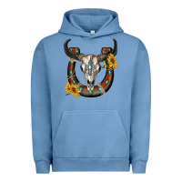 Pigment Pebble Blue bull skull with horseshoe Urban Hoodie - RanaPortraitStore