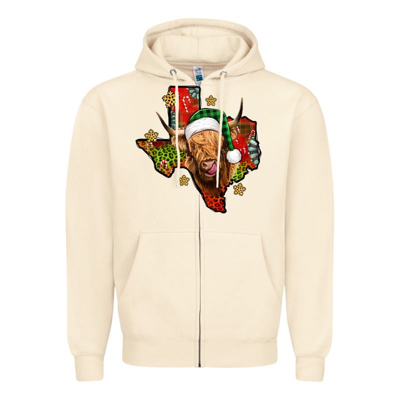 Christmas Texas Highland Cow Zipper Hoodie by Jasminsmagicworld | Teevron