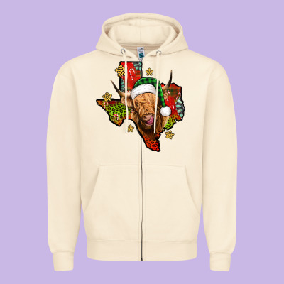 Christmas Texas Highland Cow Zipper Hoodie Designed By Jasminsmagicworld