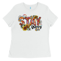 White Stay Groovy Ladies Tee - CowhideDigitalArt