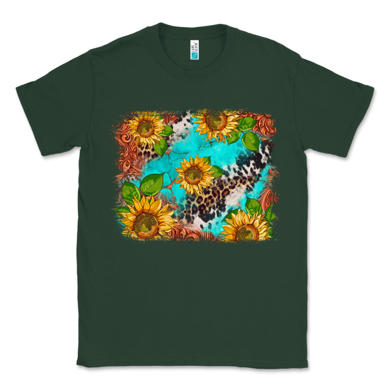 Western Sunflowers Turquoise Cowhide  Tooled Leather Classic Tee by BarkalooDesign | Teevron
