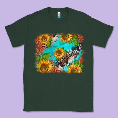 Western Sunflowers Turquoise Cowhide  Tooled Leather Classic Tee Designed By Barkaloodesign