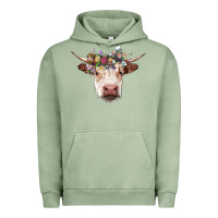Pigment Oil Green hereford cow with floral headband Urban Hoodie - RanaPortraitStore