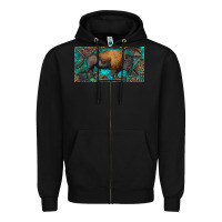 Black Bison with leopard and turquoise Zipper Hoodie - RanaPortraitStore