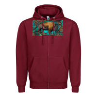 Burgundy Bison with leopard and turquoise Zipper Hoodie - RanaPortraitStore