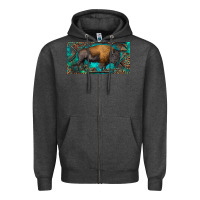 Charcoal Heather Bison with leopard and turquoise Zipper Hoodie - RanaPortraitStore