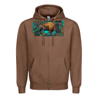 Chestnut Bison with leopard and turquoise Zipper Hoodie - RanaPortraitStore
