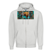 Dove Grey Bison with leopard and turquoise Zipper Hoodie - RanaPortraitStore